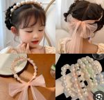 Luxury Pink Tulle Bow Hair Hoop with White Pearl - الصورة 3