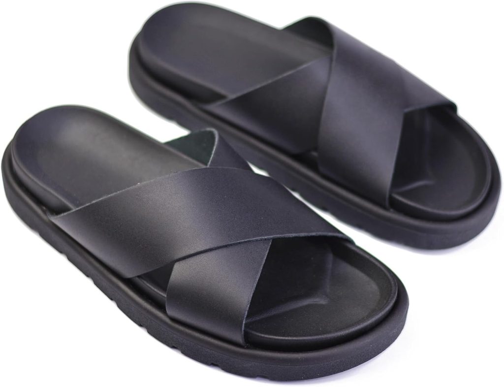 Men's Slip On Wide Cross Strap Genuine Leather Slip On Slip-Resistant Sole