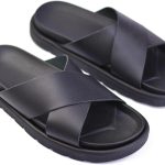 Men's Slip On Wide Cross Strap Genuine Leather Slip On Slip-Resistant Sole