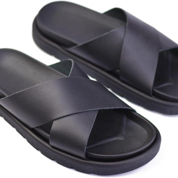 Men's Slip On Wide Cross Strap Genuine Leather Slip On Slip-Resistant Sole