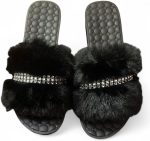 Fur Slippers for Women and Girls - Black Fur Slipper with Comfortable Medical Sole - Anti-Slip Rubber Material - Perfect for Home, Beach and Street - with Shiny Crystal Stripe