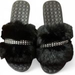 Fur Slippers for Women and Girls - Black Fur Slipper with Comfortable Medical Sole - Anti-Slip Rubber Material - Perfect for Home, Beach and Street - with Shiny Crystal Stripe