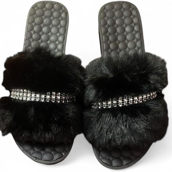 Fur Slippers for Women and Girls - Black Fur Slipper with Comfortable Medical Sole - Anti-Slip Rubber Material - Perfect for Home, Beach and Street - with Shiny Crystal Stripe