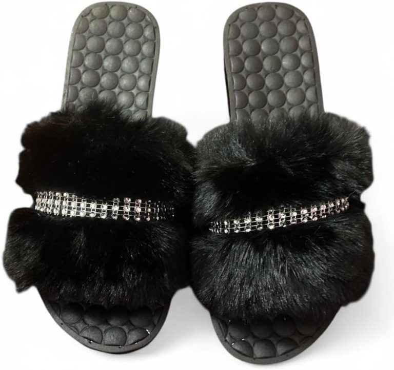 Fur Slippers for Women and Girls - Black Fur Slipper with Comfortable Medical Sole - Anti-Slip Rubber Material - Perfect for Home, Beach and Street - with Shiny Crystal Stripe