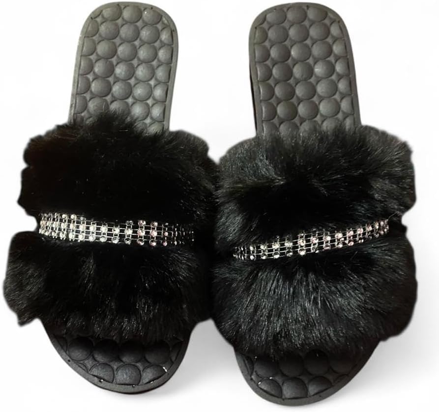 615-ykvcbCL._AC_SL1280_.jpg Fur Slippers for Women and Girls - Black Fur Slipper with Comfortable Medical Sole - Anti-Slip Rubber Material - Perfect for Home, Beach and Street - with Shiny Crystal Stripe