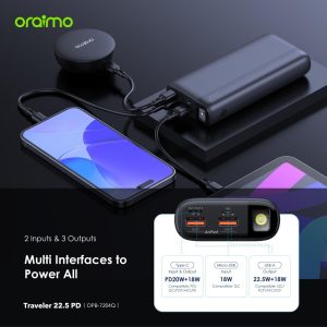⁦Oraimo Travaler 22.5 PD 20000mAh Power Bank with 20W Fast Charging,Triple Output, Type C &Micro Input, Multi-Layer Protection with LED Torch⁩ - الصورة ⁦6⁩