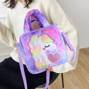 ⁦Abhay Plush Unicorn Tote Bag Backpack - School Girls Handbag for Travel and Cute Bookbag for Unicorn Party Supplies⁩ - الصورة ⁦3⁩