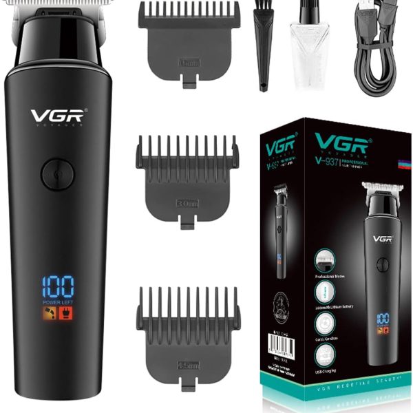 VGR V-937 Professional Rechargeable Hair Trimmer with USB Charging Cable, LED Display, Stainless Steel blades, 3 Guide Combs for Men, 2000 mAh Li-ion Battery (Black)