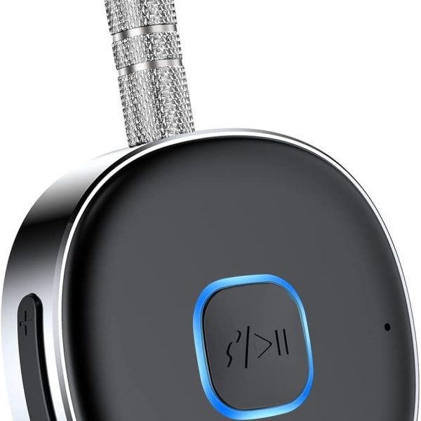 جهاز إستقبال بلوتوث للسيارة بخاصية إلغاء الضوضاء 3.5 ملليمتر ايه يو اكس، مستقبل صوت لاسلكي لستيريو المنزل/سماعات الرأس السلكية، مكالمات بدون استخدام اليدين، مدة تشغيل بطارية 16 ساعة (أسود+فضي(دائري))