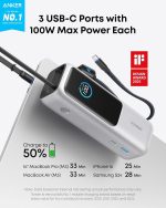 ⁦Anker Zolo Power Bank (25K, 165W, Built-In USB-C and Retractable Cable) High-Speed Portable Charger, 1 USB-C, 1 USB-A, Battery Pack for iPhone 16/15/15 Pro/15 Pro Max/15 Plus, MacBook (White)⁩ - الصورة ⁦2⁩