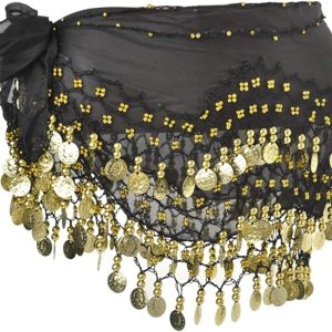 ⁦REINDEAR Vogue Style Chiffon Dangling Gold Coins Belly Dance Hip Scarf⁩ - الصورة ⁦2⁩