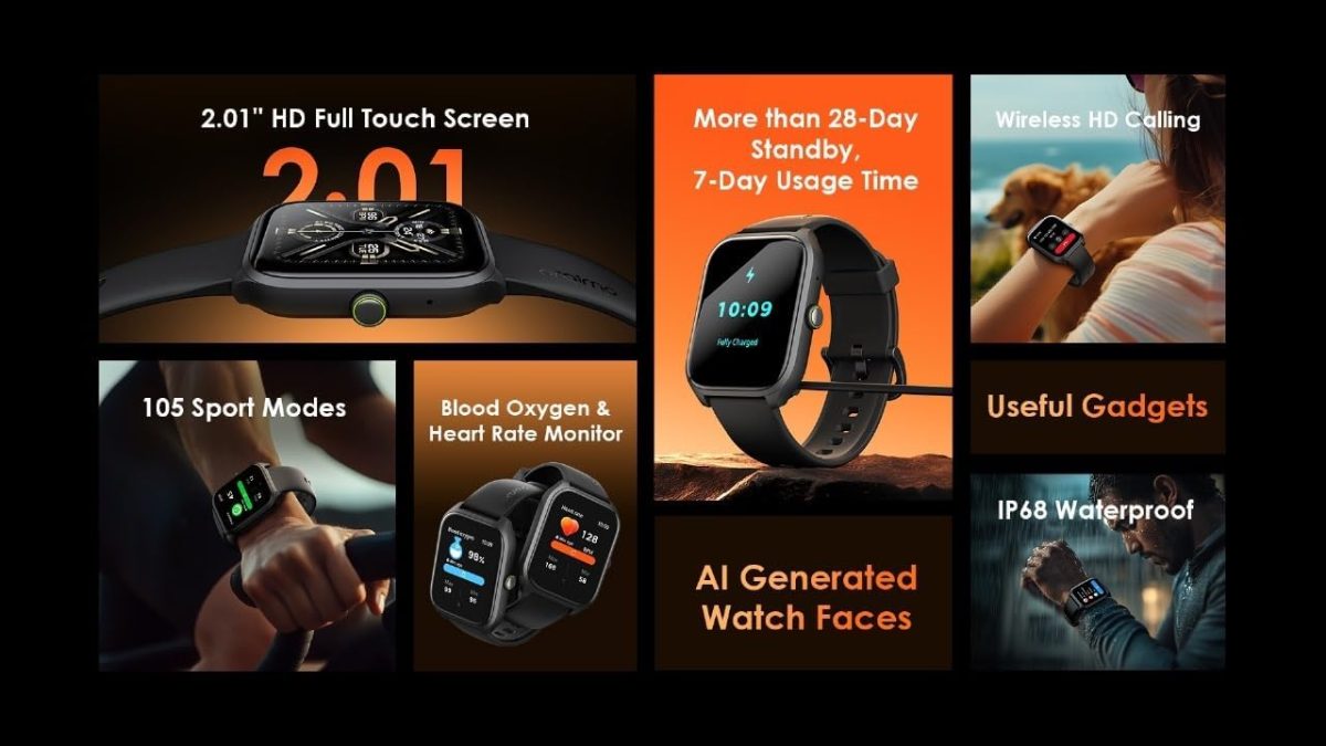 ⁦Oraimo Smart Watch 5 Lite (OSW-804), 2.01" HD Full Touch Screen IP68, Normal Usage Time 7 days Standby Time More than 28 days, Antibacterial Eartips – Black (12 Months Warranty)⁩ - الصورة ⁦8⁩