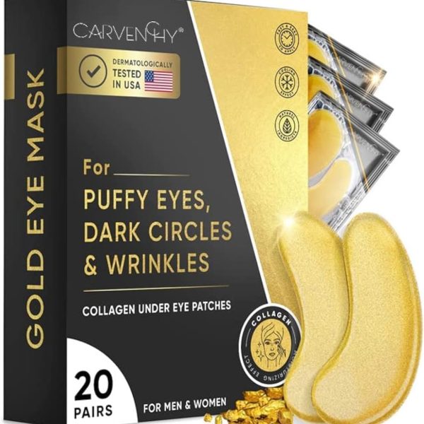 رقع تحت العين - قناع ذهبي تحت العين بالأحماض الأمينية والكولاجين، قناع تحت العين للعناية بالوجه للهالات السوداء والانتفاخات من تريبل جو (20 زوج)