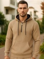 Men's Cotton Half Zip Hoodie Premium Ribbed Double Hood