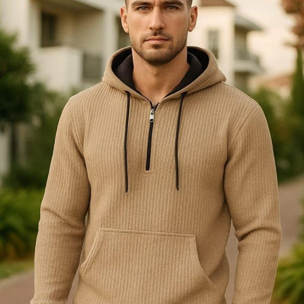 Men's Cotton Half Zip Hoodie Premium Ribbed Double Hood
