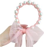 Luxury Pink Tulle Bow Hair Hoop with White Pearl