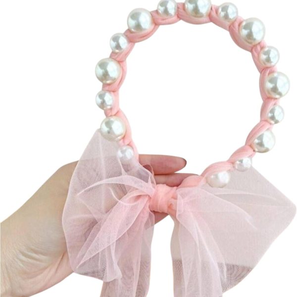 Luxury Pink Tulle Bow Hair Hoop with White Pearl