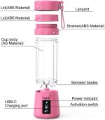 ⁦Pink Portable Mini Blender Bottle for Shakes & Smoothies - USB Rechargeable On-The-Go Mixer Cup for Fruit Juice & Protein⁩ - الصورة ⁦3⁩