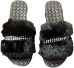⁦Fur Slippers for Women and Girls - Black Fur Slipper with Comfortable Medical Sole - Anti-Slip Rubber Material - Perfect for Home, Beach and Street - with Shiny Crystal Stripe⁩ - الصورة ⁦2⁩