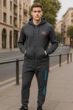 ⁦MEZA Men's Sports Set, Zip Up Hoodie and Sweatpants, Grey, Heavy Diving Fabric, DTF Print, Sport and Outwear, Back Pocket⁩ - الصورة ⁦3⁩