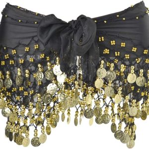 ⁦REINDEAR Vogue Style Chiffon Dangling Gold Coins Belly Dance Hip Scarf⁩ - الصورة ⁦3⁩