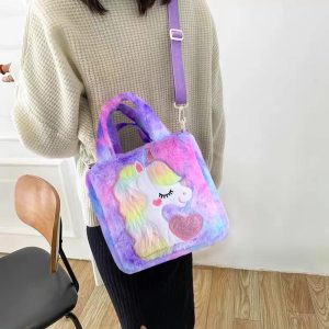 ⁦Abhay Plush Unicorn Tote Bag Backpack - School Girls Handbag for Travel and Cute Bookbag for Unicorn Party Supplies⁩ - الصورة ⁦4⁩
