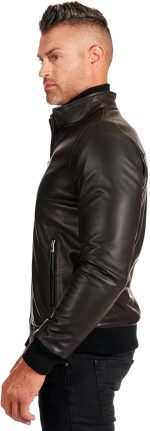 ⁦Top leather (T23) Mens Casual Stand Collar Slim Fit Genuine Leather Jacket Biker Motorcycle Jacket⁩ - الصورة ⁦4⁩