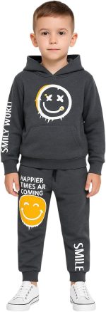 Miza Kids Set Of 2 Pieces (Hoodie + Pants) Smiley Printed For Boys 4-10 Years - Multi Color Available In Tring Colors