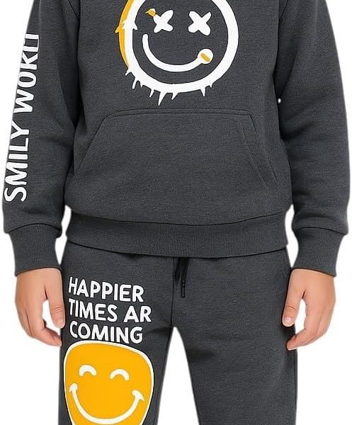 Miza Kids Set Of 2 Pieces (Hoodie + Pants) Smiley Printed For Boys 4-10 Years - Multi Color Available In Tring Colors