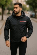 ⁦Miza Men's Winter Jacket Front Zipper Capishu Jacket with Red Details Youth and Men⁩ - الصورة ⁦2⁩