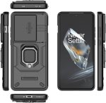 ⁦جراب متوافق مع وان بلس 12 - غطاء حماية مزدوج شديد التحمل ومضاد للانزلاق مع حلقة معدنية - مع غطاء حماية منزلق للكاميرا يغلق بإحكام - أسود⁩ - الصورة ⁦3⁩