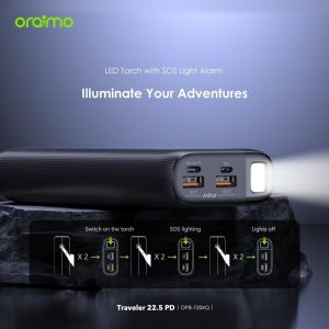 ⁦Oraimo Travaler 22.5 PD 20000mAh Power Bank with 20W Fast Charging,Triple Output, Type C &Micro Input, Multi-Layer Protection with LED Torch⁩ - الصورة ⁦8⁩
