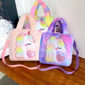 ⁦Abhay Plush Unicorn Tote Bag Backpack - School Girls Handbag for Travel and Cute Bookbag for Unicorn Party Supplies⁩ - الصورة ⁦5⁩