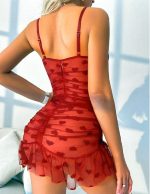 ⁦MANIKAN Women's Clothes Heart Print Mesh Bodycon Ruched Design Ruffle Trim⁩ - الصورة ⁦2⁩