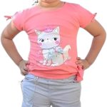 Access Kids Cotton Set Of 2 Pieces Half Sleeves Blouse&Pants Printed Cat For Girls-Watermelon&Grey-3Years