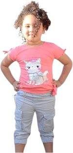 Access Kids Cotton Set Of 2 Pieces Half Sleeves Blouse&Pants Printed Cat For Girls-Watermelon&Grey-3Years