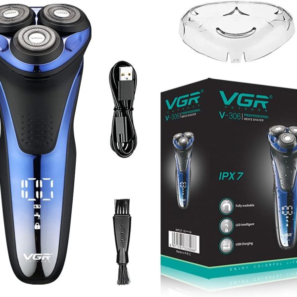 VGR V-306 Premium Cordless Rechargeable IPX7 Fully Waterproof 3 Head Electric Shaver Wet & Dry Rotary Shavers with Pop-up Trimmer Super-Fast Charge 90 minutes Runtime with LED Digital Display - Blue