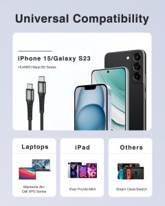 ⁦LENOK USB C Charger Cable 60W type C to type C Cable PD 3.0(4ft/1.2m), Compatible with iPhone 15/15 Pro/Samsung Galaxy S23/22/Z Fold/Z Flip/Google Pixel 7/MacBook Air iPad Pro/Mini iPad, etc. (1.2 M)⁩ - الصورة ⁦7⁩