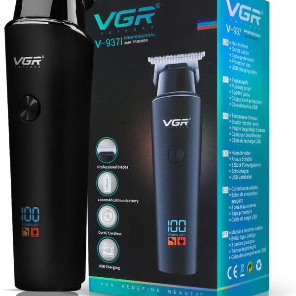 ماكينة حلاقة دقيقة V-937 للرجال من في جي ار مع شاشة LED، شحن USB، تشغيل سلكي ولاسلكي | 3 ملحقات امشاط توجيه للراحة واختيار التصفيف (اسود)