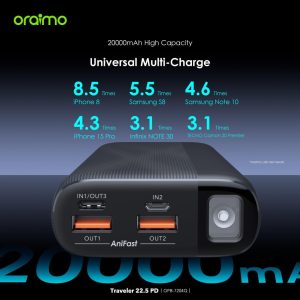 ⁦Oraimo Travaler 22.5 PD 20000mAh Power Bank with 20W Fast Charging,Triple Output, Type C &Micro Input, Multi-Layer Protection with LED Torch⁩ - الصورة ⁦4⁩