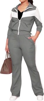 طقم ترنج رياضي نسائي قطعتين من رومبا، بجاكيت بسوستة وبنطلون طويل، خامة قطنية لون ابيض مطعم بالوان مختلفة