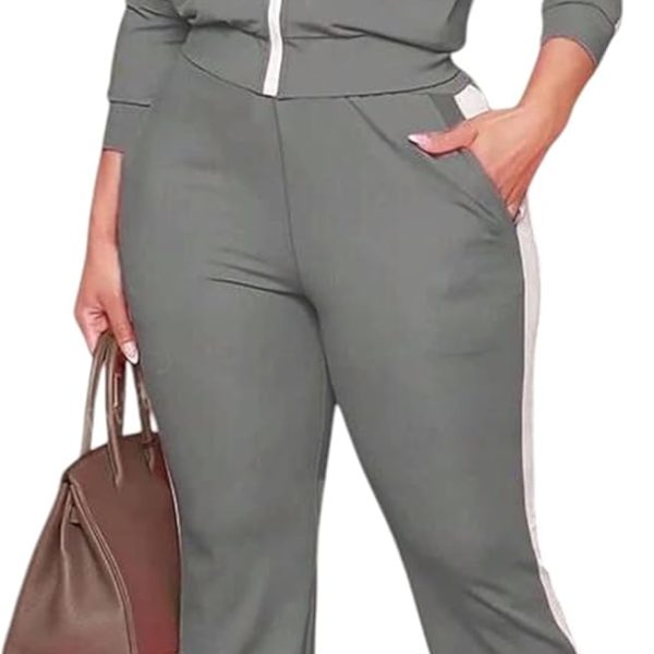 طقم ترنج رياضي نسائي قطعتين من رومبا، بجاكيت بسوستة وبنطلون طويل، خامة قطنية لون ابيض مطعم بالوان مختلفة