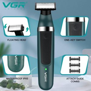 ⁦VGR Premium Cordless Rechargeable IPX5 Fully Waterproof Dual Sided OneBlade Trimmer & Shaver 3 Trimming Combs for complete Beard Styling & Body Hair Trimming⁩ - الصورة ⁦2⁩