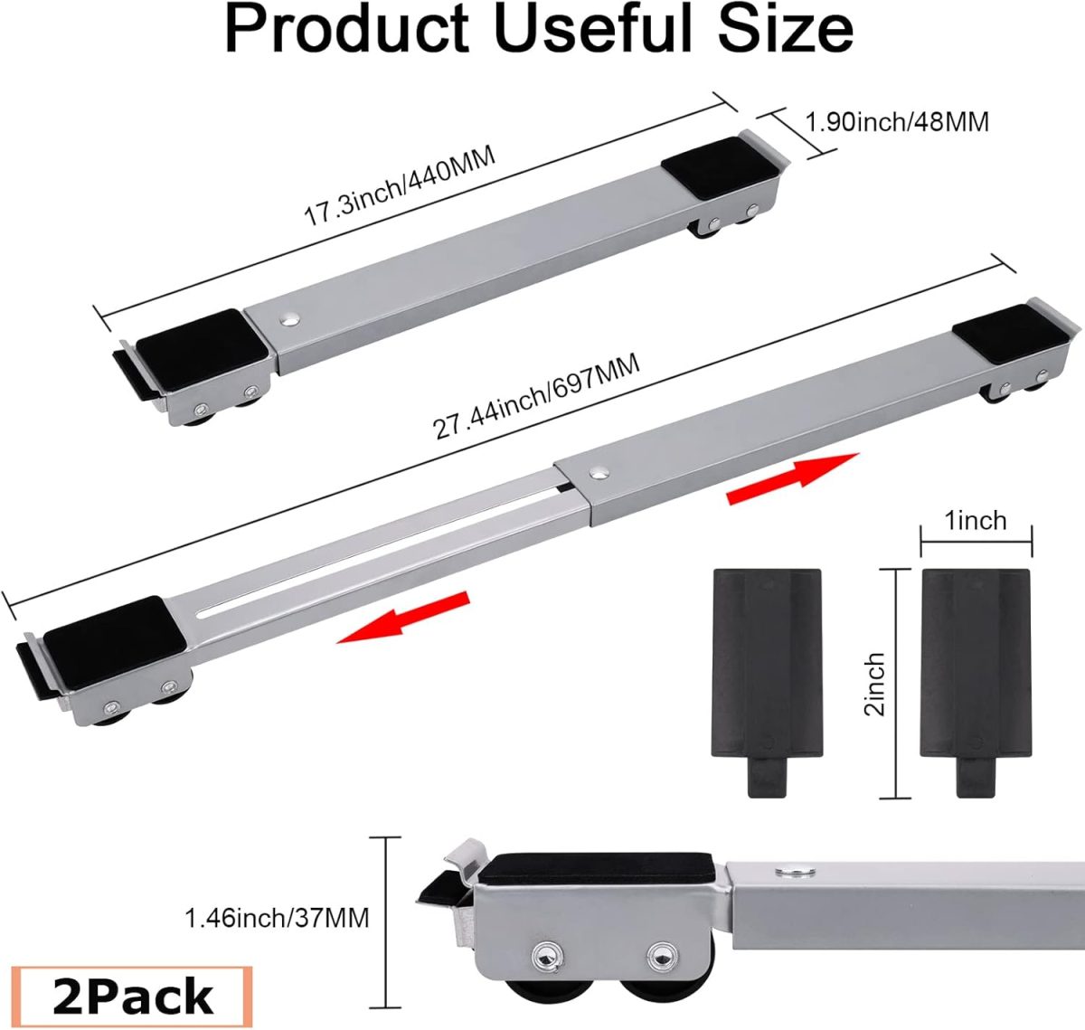 ⁦2Pcs Extendable Appliance Furniture Dolly Mobile Roller, Heavy Duty Adjustable Washing Machine Mobile Rolling Base, Metal Movable Bracket for Refrigerator Washing Machine Dryers Diswashers Base, Grey⁩ - الصورة ⁦2⁩