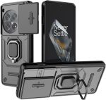 جراب متوافق مع وان بلس 12 - غطاء حماية مزدوج شديد التحمل ومضاد للانزلاق مع حلقة معدنية - مع غطاء حماية منزلق للكاميرا يغلق بإحكام - أسود