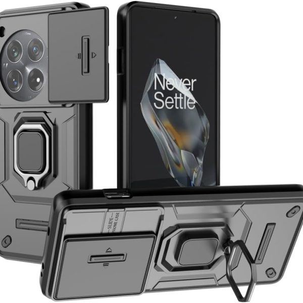 جراب متوافق مع وان بلس 12 - غطاء حماية مزدوج شديد التحمل ومضاد للانزلاق مع حلقة معدنية - مع غطاء حماية منزلق للكاميرا يغلق بإحكام - أسود