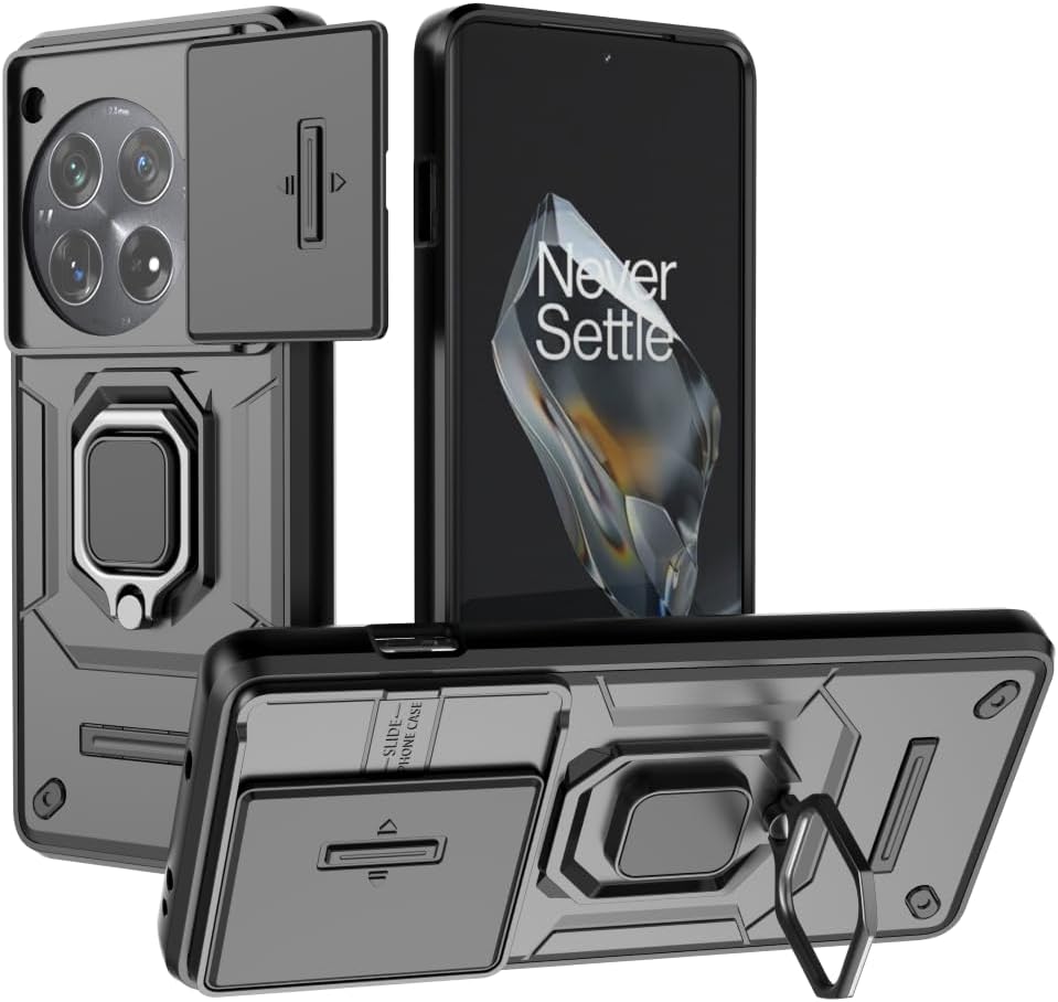 61r0-zPdaL._AC_SL1080_.jpg جراب متوافق مع وان بلس 12 - غطاء حماية مزدوج شديد التحمل ومضاد للانزلاق مع حلقة معدنية - مع غطاء حماية منزلق للكاميرا يغلق بإحكام - أسود