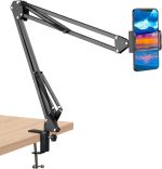 SHAWE Cell Phone Holder, Clip Clamp for Desk, Universal Stand Mount With Flexible 360 Rotation, Long Arm Bracket for 3.5-6.5in Devices, Mobile Stand for Bed, Office, Kitchen