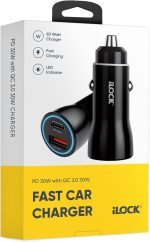 iLOCK 60W Dual Port Car Fast Charger | USB-C & USB-A | PD 30W + QC 30W | LED Indicator | Black