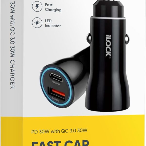iLOCK 60W Dual Port Car Fast Charger | USB-C & USB-A | PD 30W + QC 30W | LED Indicator | Black